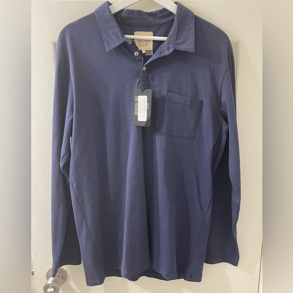 Chaser NWT Long Sleeve Cotton Jersey Polo with Pocket in Navy